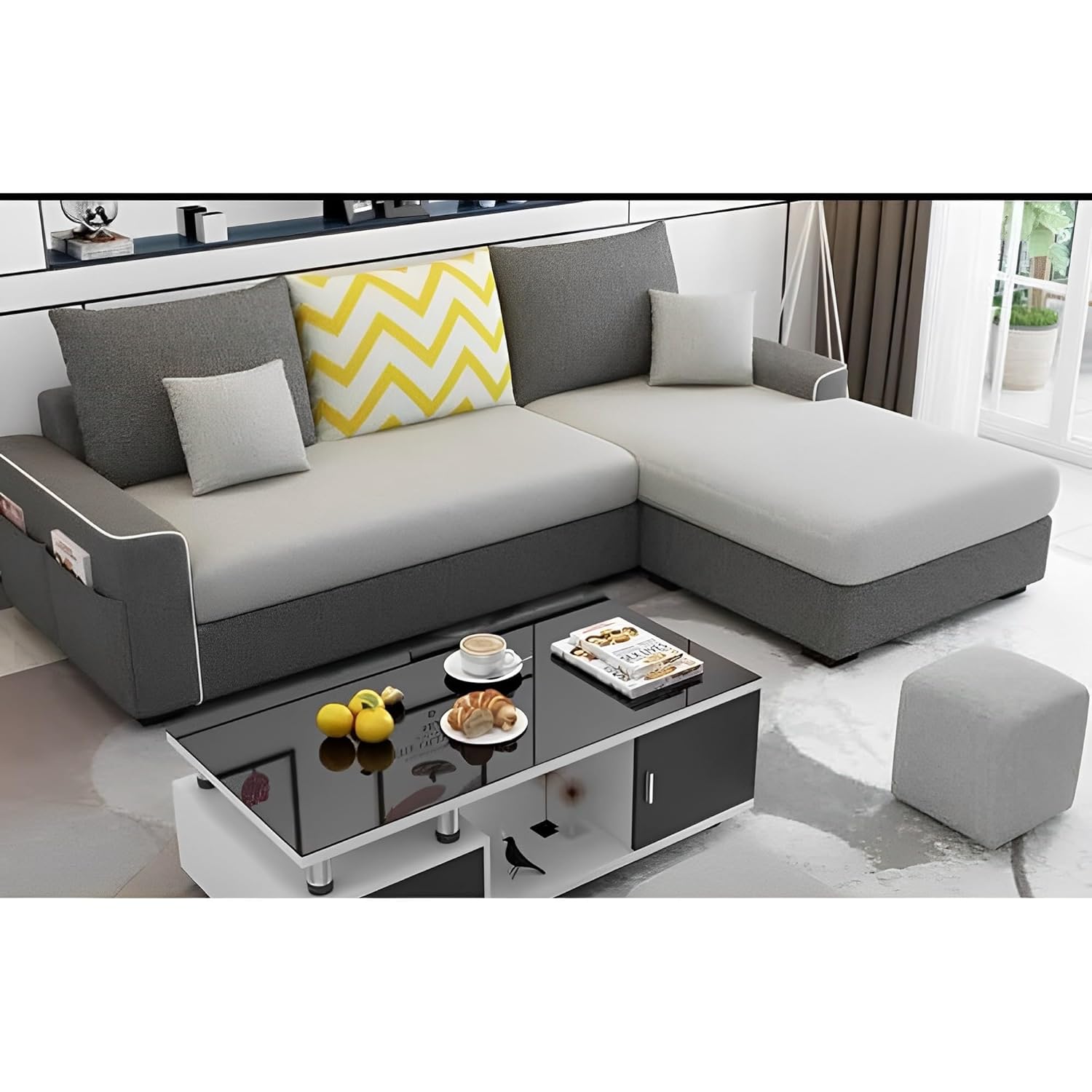 Afie RHS 4 Seater L Shape Sofa Set for Living Room (Cream Dark Grey Fabric) - Image 2