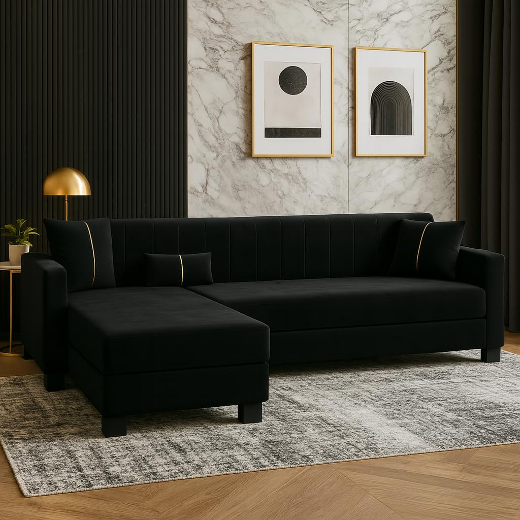 Almeria 4 Seater LHS L Shape Sofa Set | Soft Velvet Suede Fabric | Modern Design | Plush Comfort Cushions for Living Room (Black) - Image 2