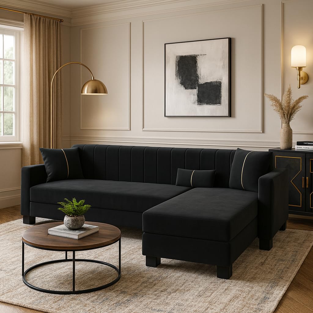 Almeria 4 Seater RHS L Shape Sofa Set | Soft Velvet Suede Fabric | Modern Design | Plush Comfort Cushions for Living Room (Black) - Image 2