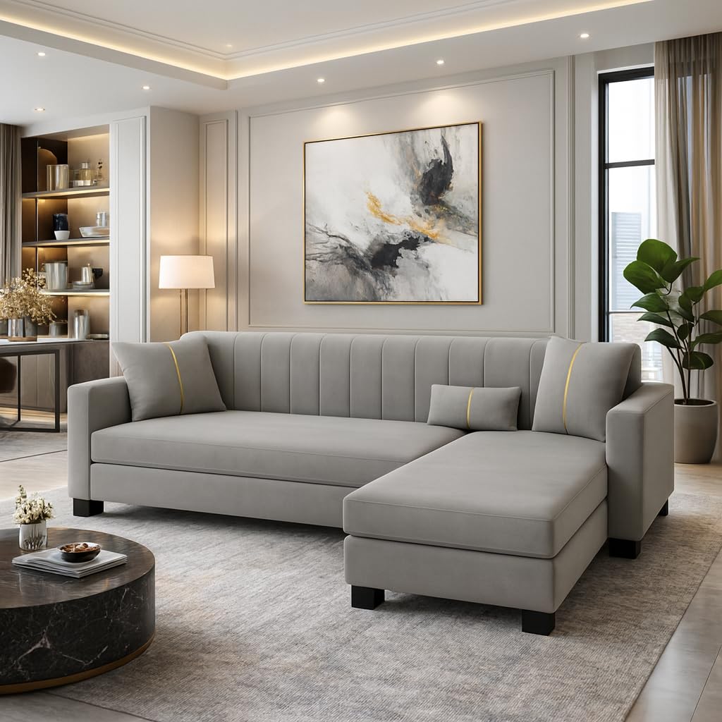 Almeria 4 Seater RHS L Shape Sofa Set | Soft Velvet Suede Fabric | Modern Design | Plush Comfort Cushions for Living Room (Light Grey) - Image 2