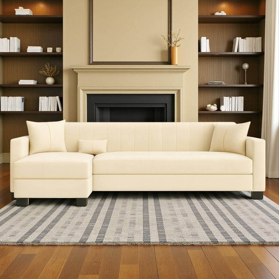 Almeria 5 Seater LHS L Shape Sofa Set | Soft Velvet Suede Fabric | Modern Design | Plush Comfort Cushions for Living Room (Cream) - Image 2