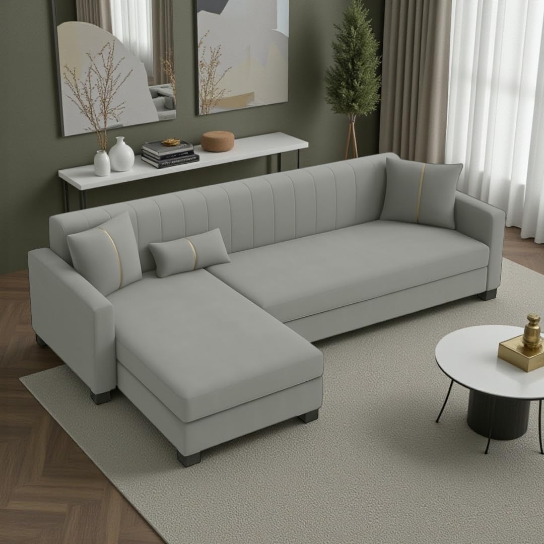 Almeria 5 Seater LHS L Shape Sofa Set | Soft Velvet Suede Fabric | Modern Design | Plush Comfort Cushions for Living Room (Light Grey) - Image 2