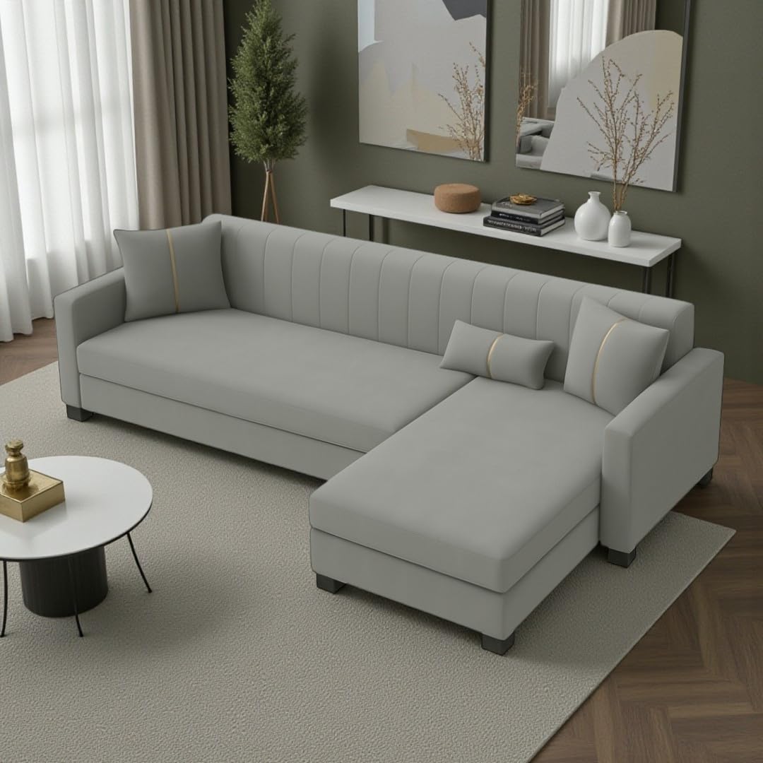Almeria 5 Seater RHS L Shape Sofa Set | Soft Velvet Suede Fabric | Modern Design | Plush Comfort Cushions for Living Room (Light Grey) - Image 2