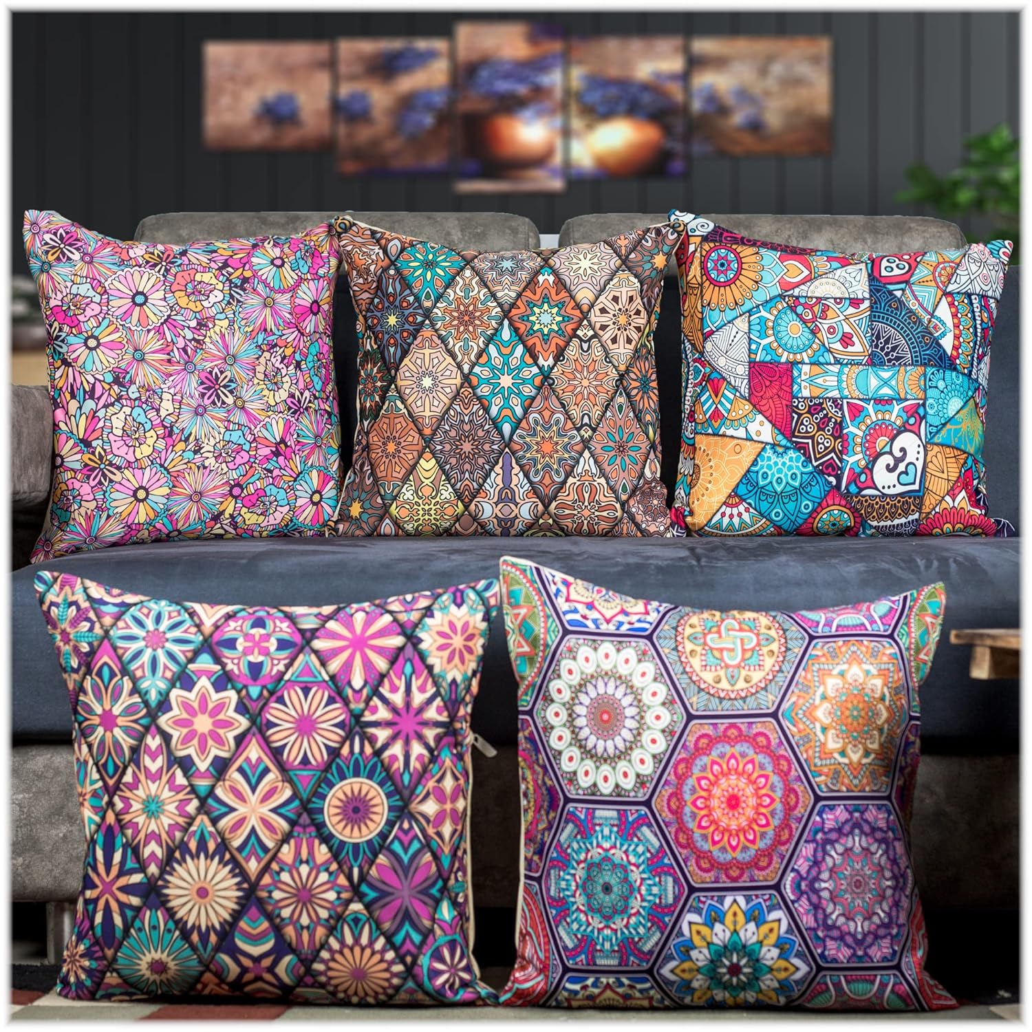 Amazon Brand - Umi Decorative Satin Sofa Cushion Covers Set of 5, 18 Inch x 18 inch, Sofa Pillow Cover, Multicolor, Geometrical Design, Zipper Closure (Turkey, 18X18 Inches) - Image 2