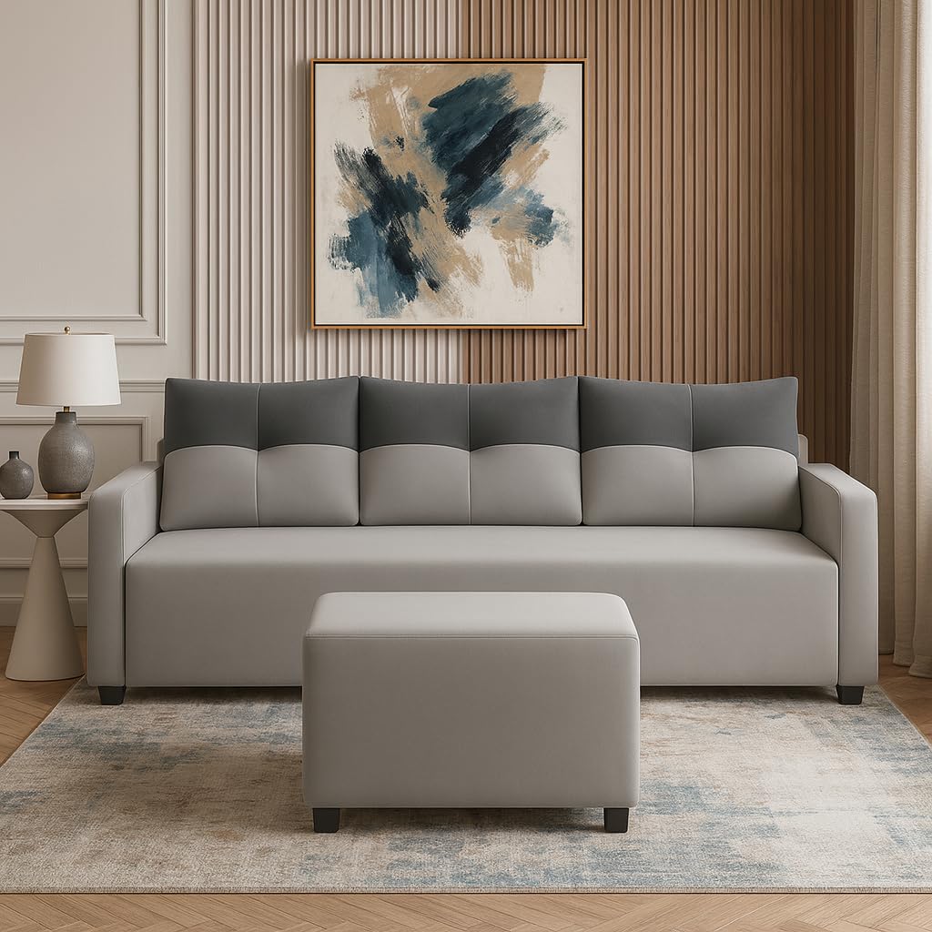 Belvris 3 Seater Modular L Shape Sofa Set with Ottoman | Soft Velvet Suede Fabric | Modern Design | Plush Comfort Cushions for Living Room (Light Grey-Dark Grey) - Image 2