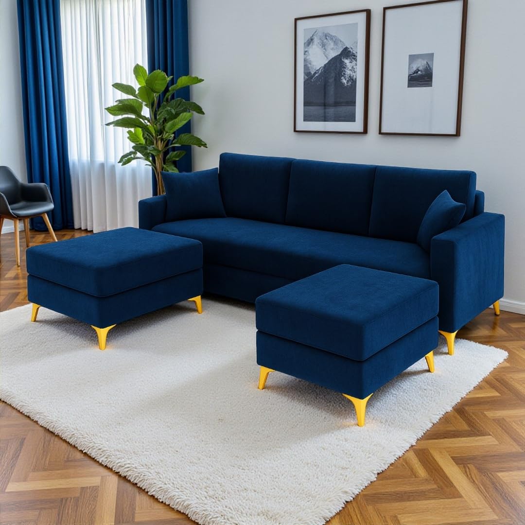 Bravelle 3 Seater Modular Sofa Set with 2 Ottoman | Soft Velvet Suede Fabric | Modern Design | Plush Comfort Cushions for Living Room (Dark Blue) - Image 2