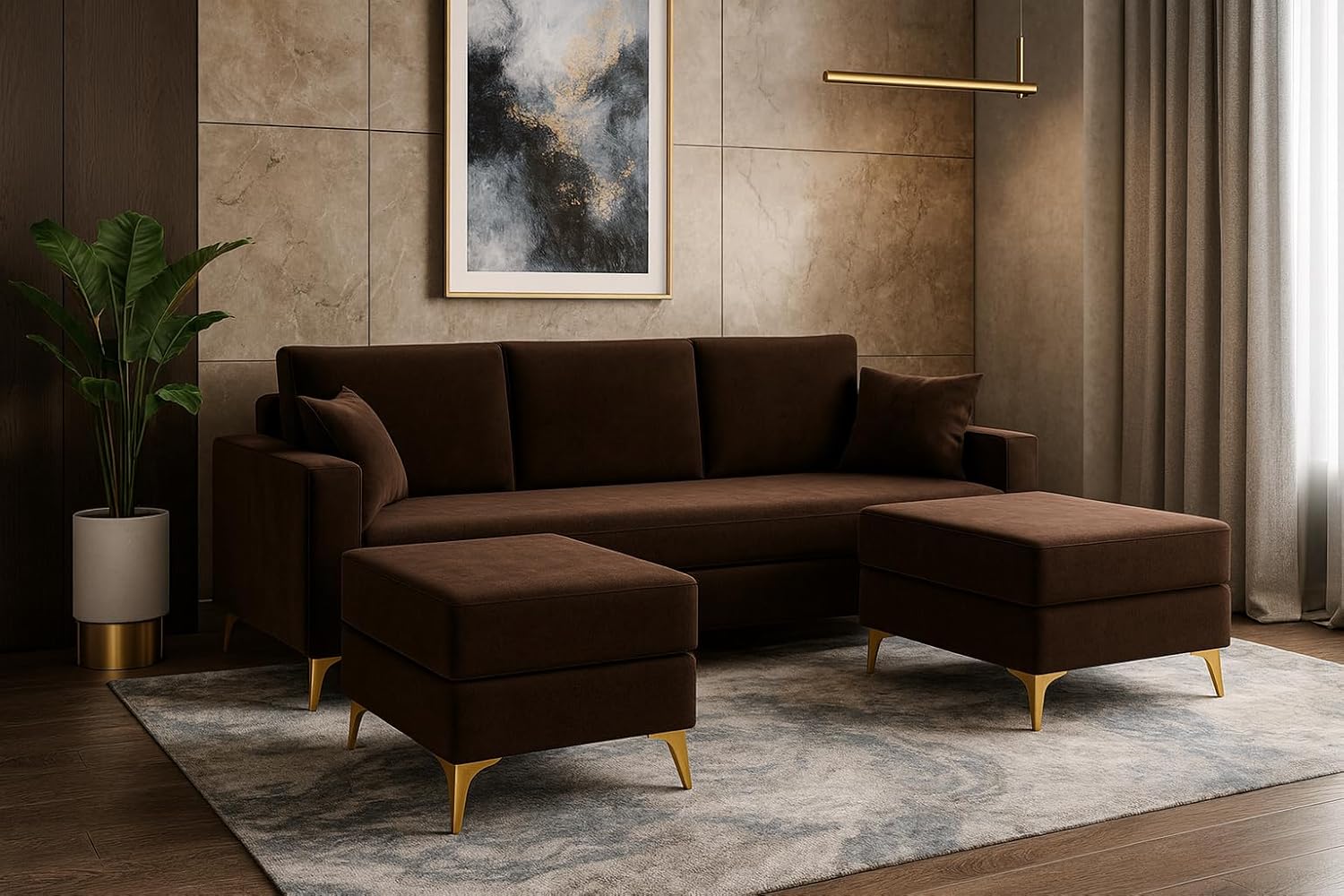 Bravelle 3 Seater Modular Sofa Set with 2 Ottoman | Soft Velvet Suede Fabric | Modern Design | Plush Comfort Cushions for Living Room (Dark Brown Color) - Image 2