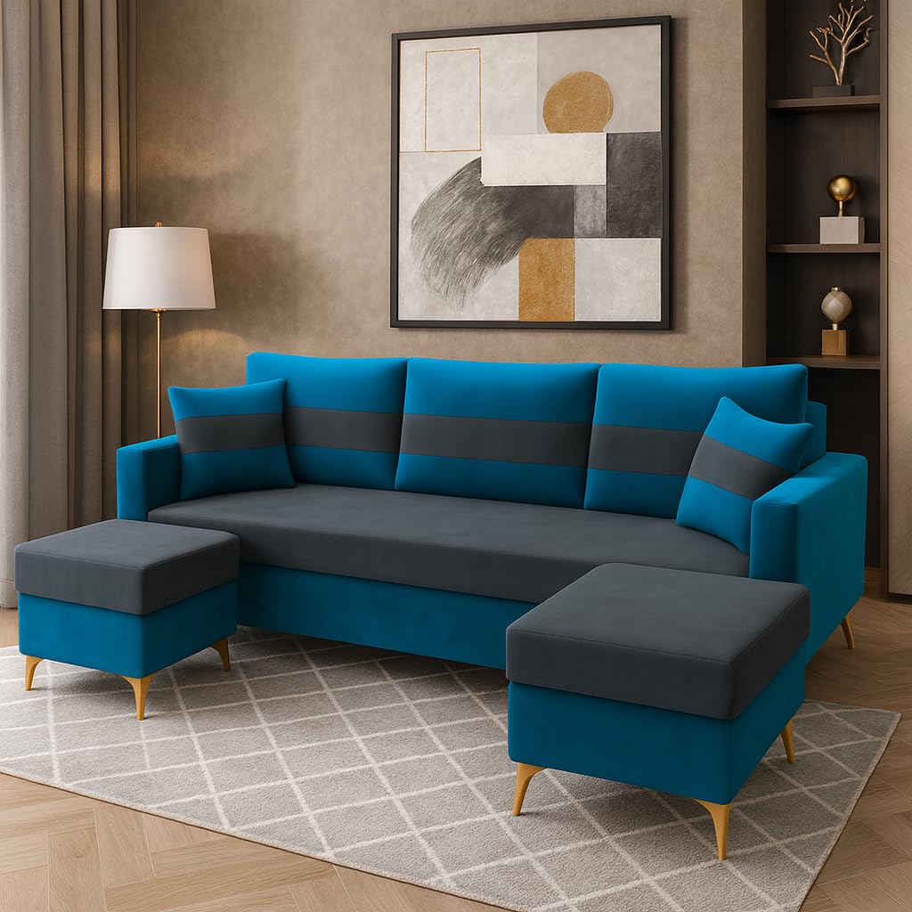 Bravelle 3 Seater Modular Sofa Set with 2 Ottoman | Soft Velvet Suede Fabric | Modern Design Sofas with Golden Legs | Plush Comfort Cushions for Living Room (Teal Blue-Grey) - Image 2