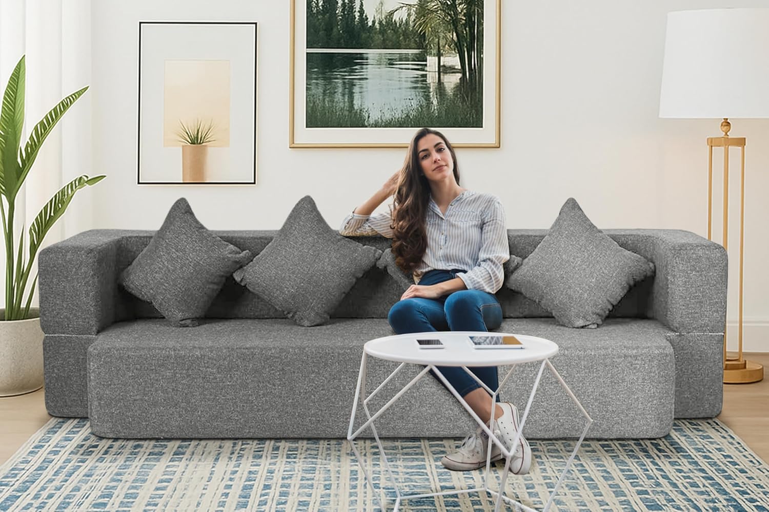 C-Type Sofa Cum Bed 3-Seater Convertible Jute Fabric Sofa with Cushions, Modern Space-Saving Design for Living Room & Guest Room (Grey) - Image 2