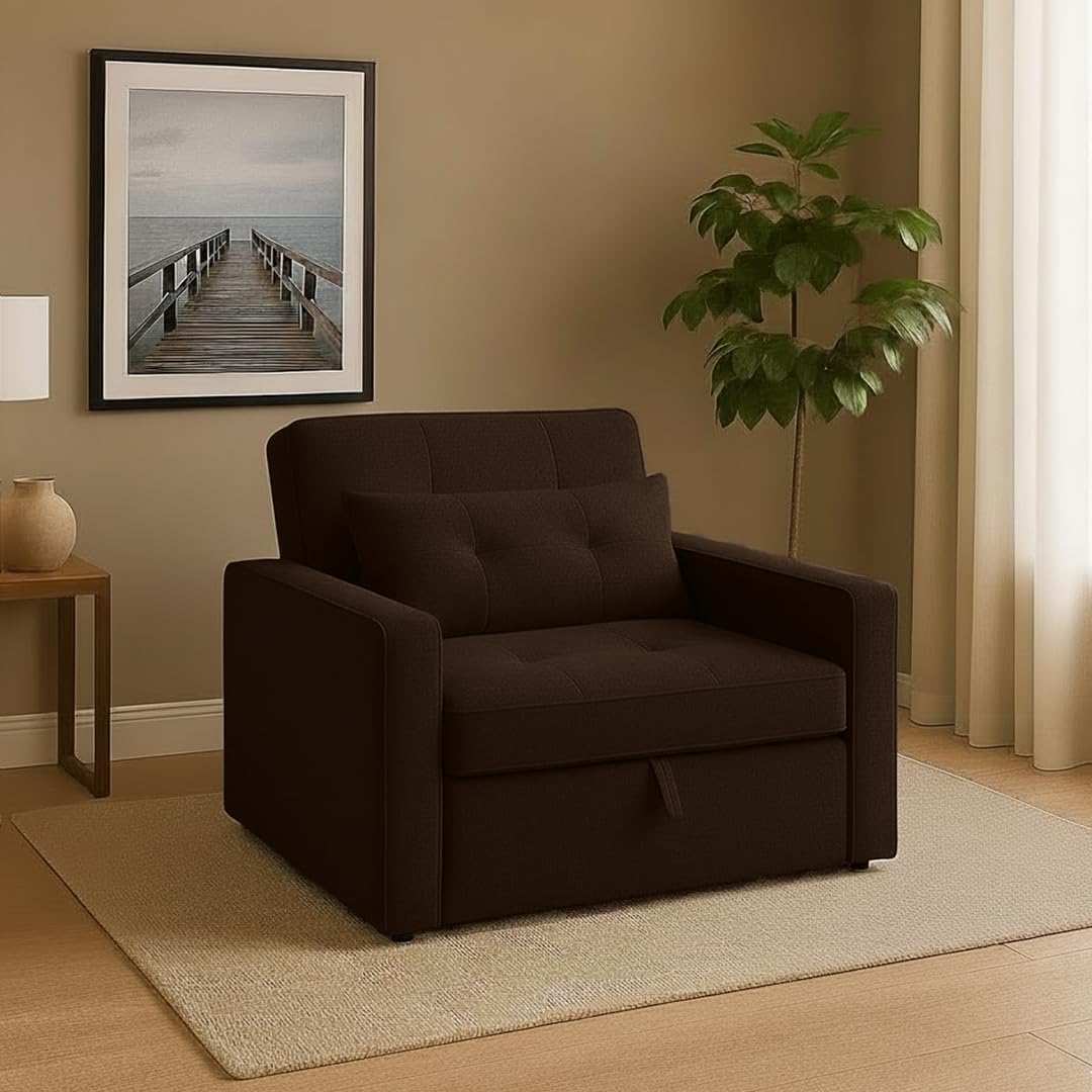 CASASTYLE Trissa 1 Seater Fabric Pull-Out Sofa Cum Bed (Dark Brown) - Premium Velvet Finish - Durable Comfort - Ideal for Living Room - Image 2