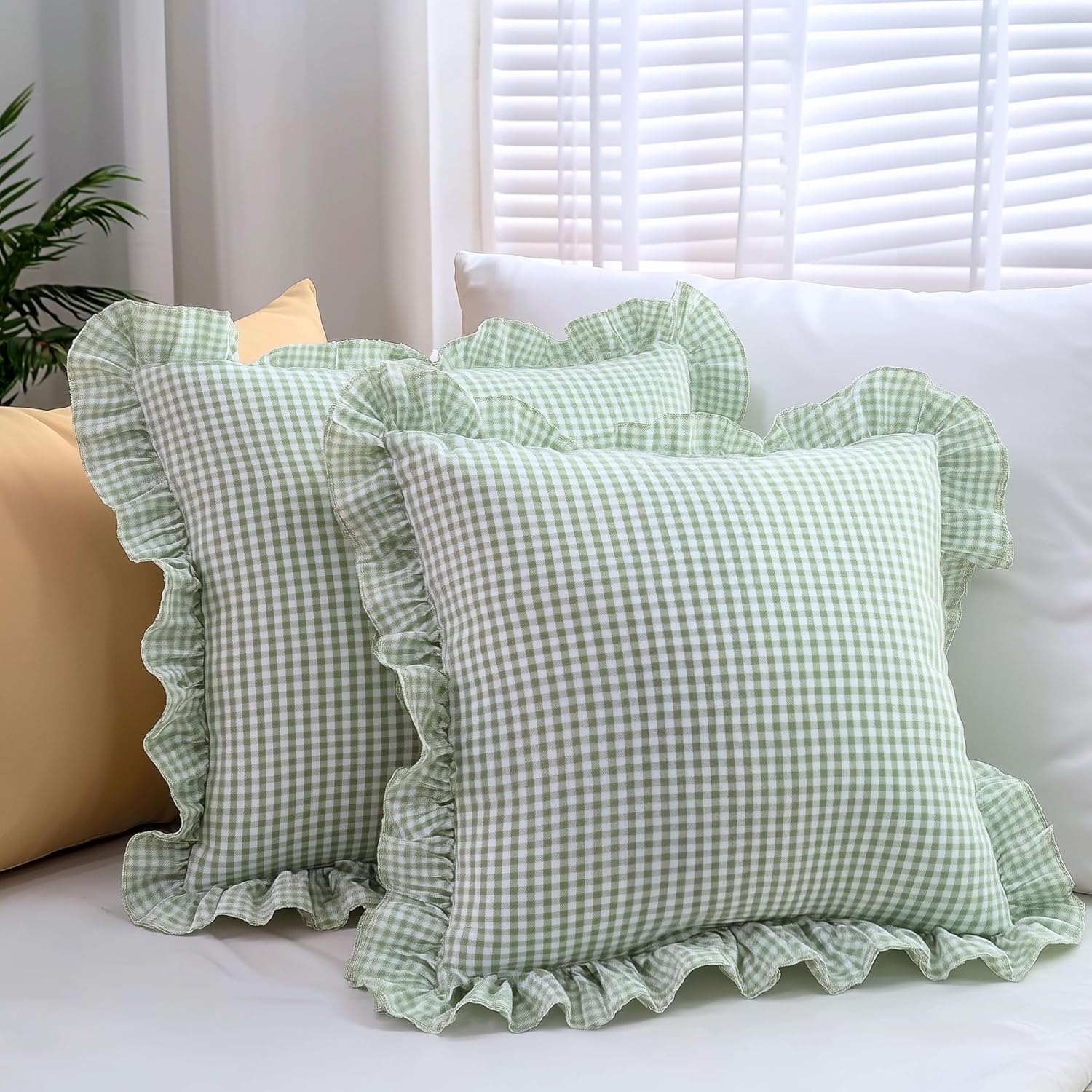 Cushion Covers – Pack of 3 |16x16 Inches | Sage Green Checkered Design with Frill Borders & Envelope Closure | Decorative Cushion Cases for Sofa, Couch, Bedroom & Living Room - Image 2