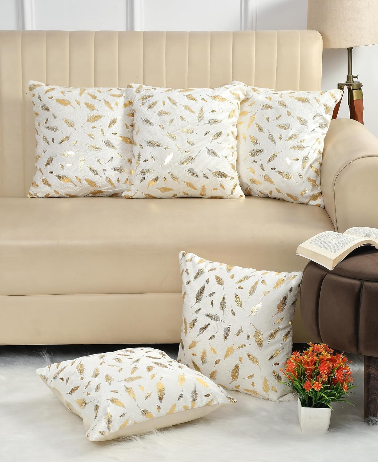 DECOMIZER Soft Velvet Fur Fabric Feather Print Decorative Faux Fur Cushion Covers 16X16 Inch Set Of 5 For Couch, Sofa, Bed, Design- Feather Gold Foil,Color- Off-White, 240 TC - Image 2