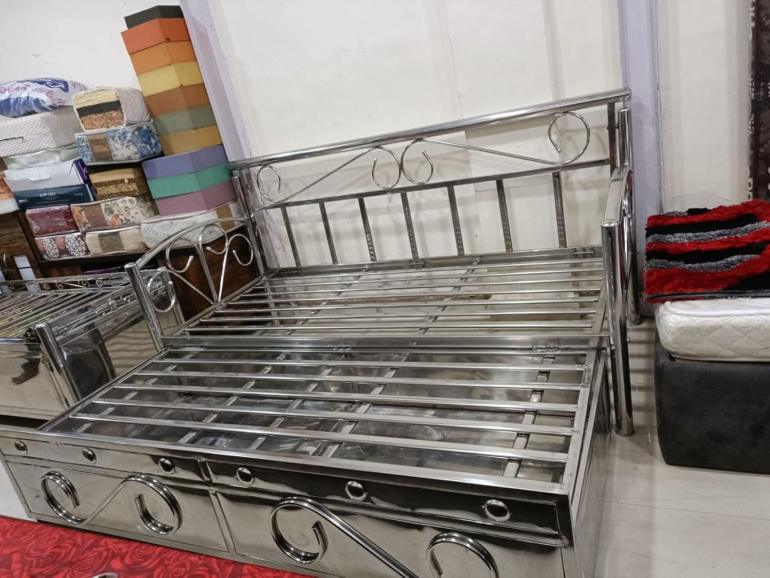 DELFIT Stainless Steel King Size Sofa Cum Bed with Hydraulic Storage Sofa Cum Bed (Silver, Brown) - Image 2