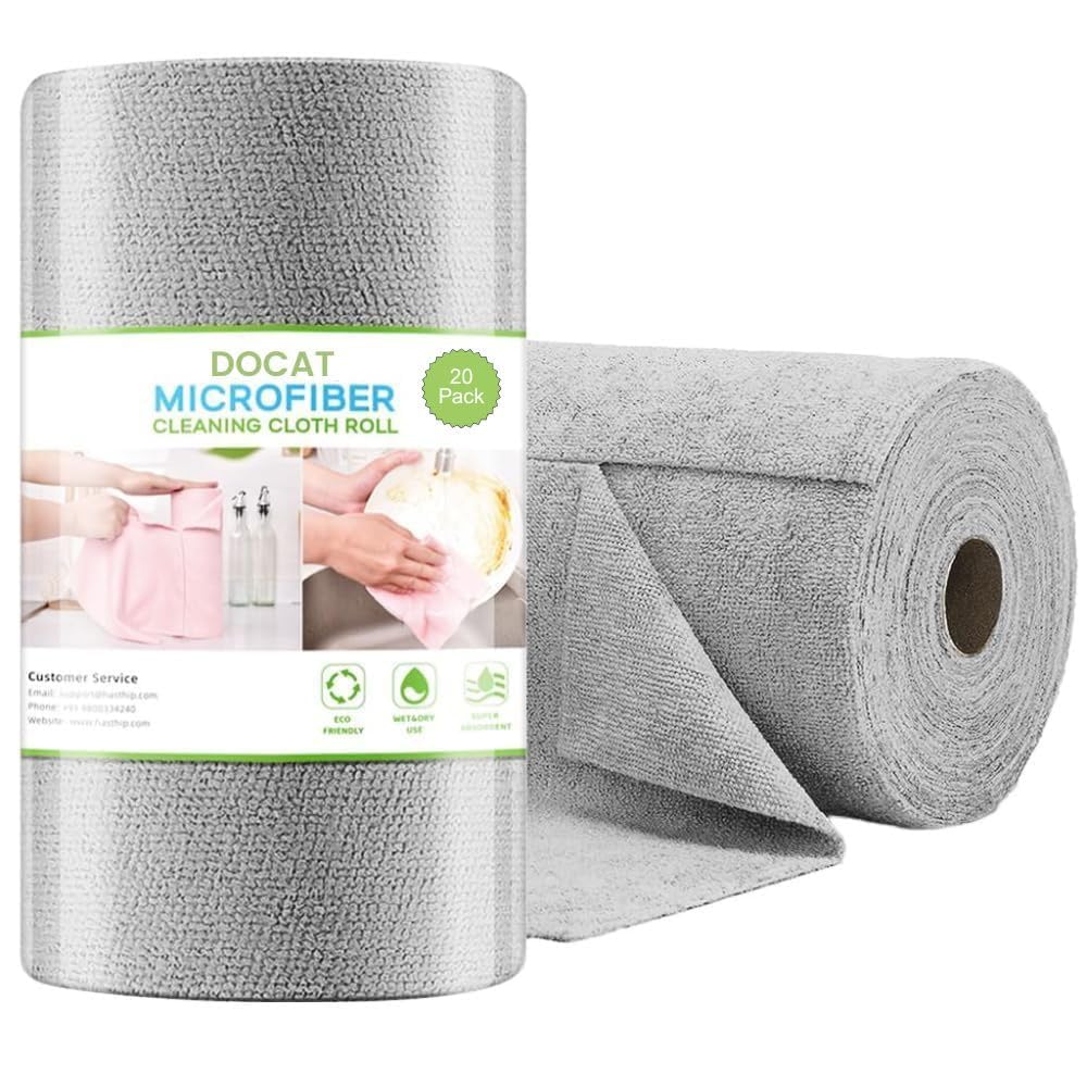 DOCAT Microfiber Cleaning Cloth Roll 25×25 cm, Reusable and Washable Tear-Away Kitchen Towel Roll, Very Soft Cleaning Cloths for Home, Kitchen, Office, Electronics, Car Cleaning (Grey, 20 Pack)