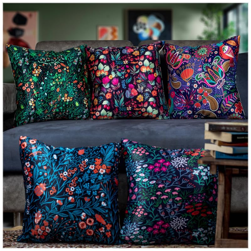 Decorative Satin Sofa Cushion Covers Set of 5, 24 Inch x 24 Inch 5 Piece, Sofa Big Cushion Pillow Cover, Multicolor, Floral Design, Zipper Closure (Floret, 24X24 Inches) - Image 2