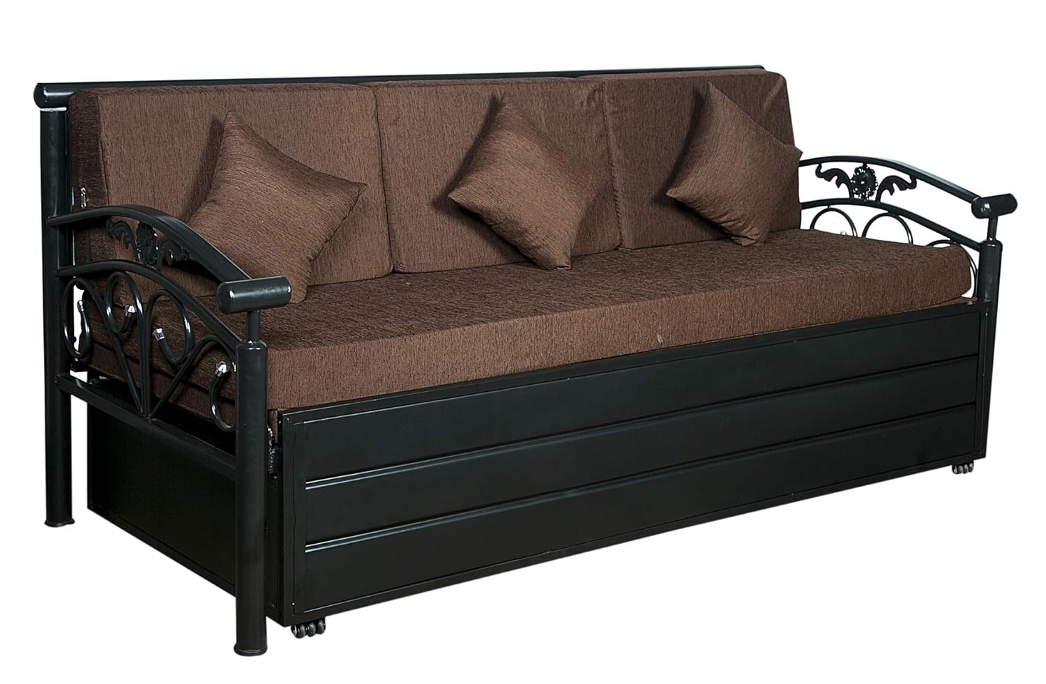 Dream Time King Size Metal Sofa Cum Bed with Hydraulic Storage | 3 Seater | 6X6| Brown Fabric, Matte Black Finish - Image 2