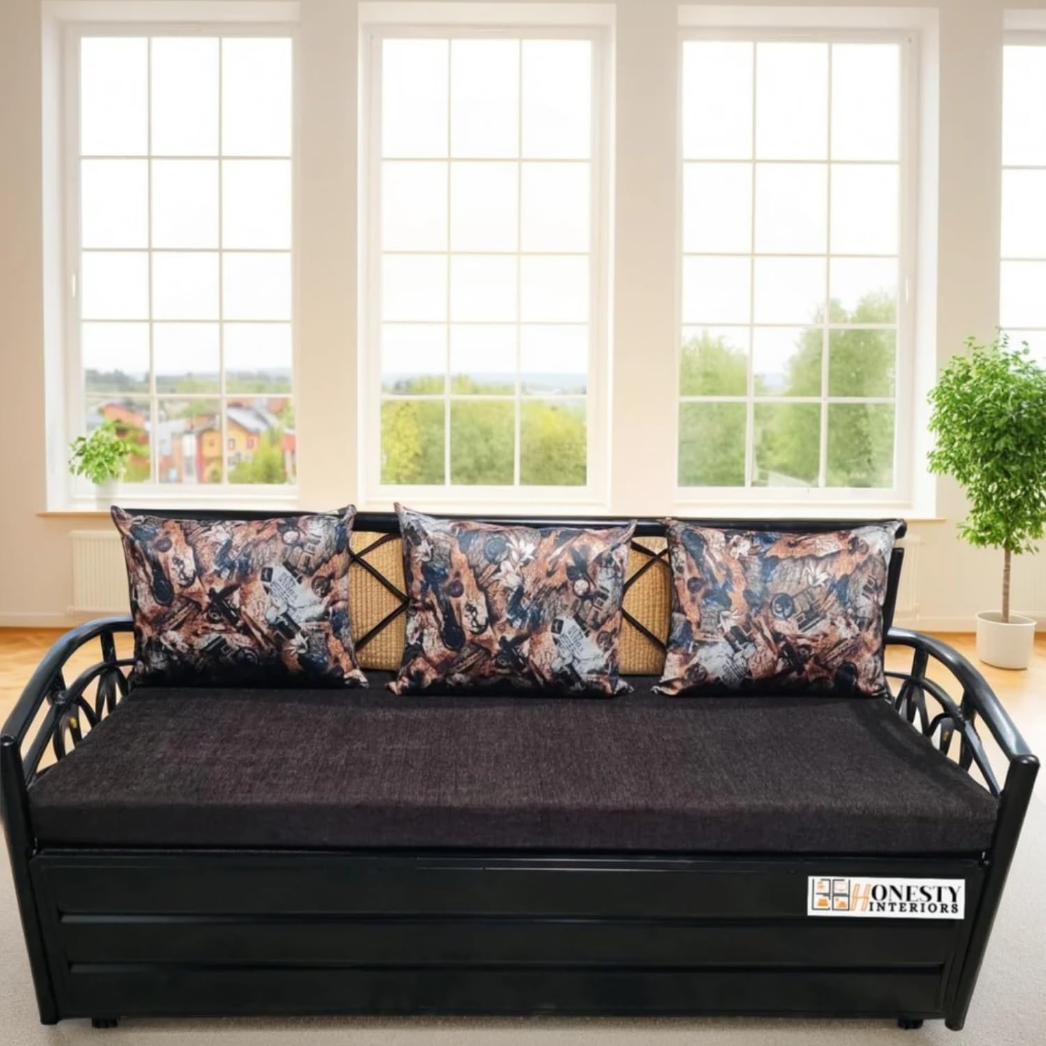 Durafold 6x5 Queen Metal Sofa Cum Bed with Hydraulic Storage | Foldable, Heavy-Duty Black Frame with Brown Rebonded Foam Cushion | Space-Saving Furniture for Home - Image 2