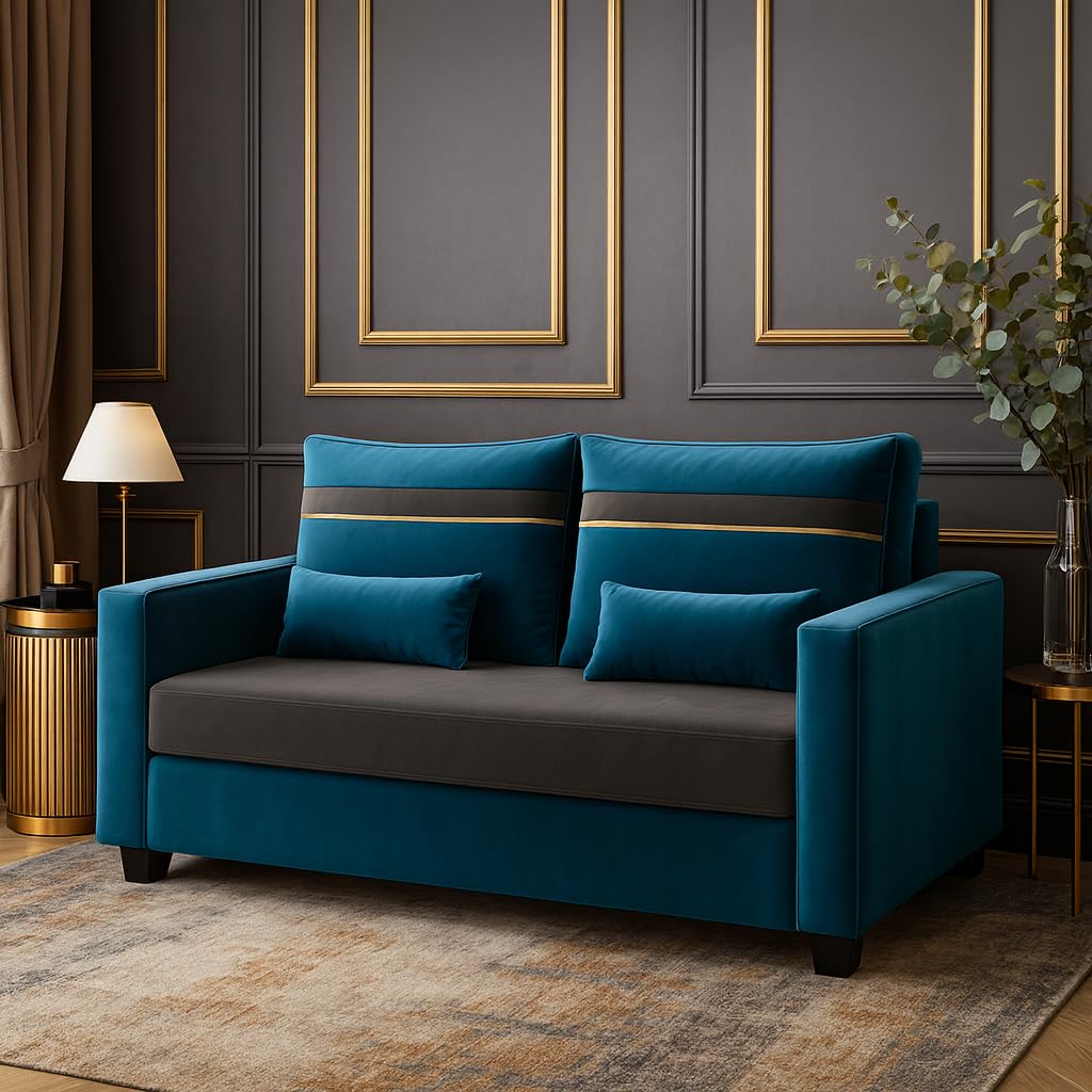 Eldvik 2-Seater Sofa Set | Soft Velvet Suede Fabric | Modern Design | Plush Comfort Cushions for Living Room (Aqua Blue-Dark Grey, Golden Stripped Cushion) - Image 2