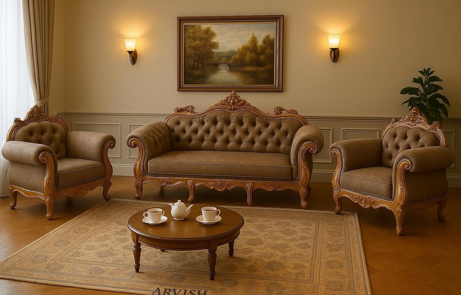 Elegant Antique Sofa Set in a Classic Living Room Setting Solid Teak Wooden Five Seater Sofa Set with Cushion for Living Room | Honey Brown Finish | 208D x 76W x 119H Centimeters - Image 2