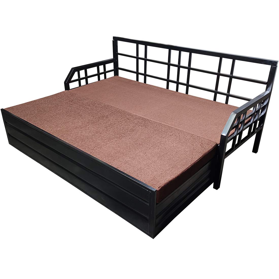 Elegant King Size Matte Black Metal Sofa Cum Bed with Hydraulic Storage - 3 Seater, Brown Fabric (6X6) - Image 2