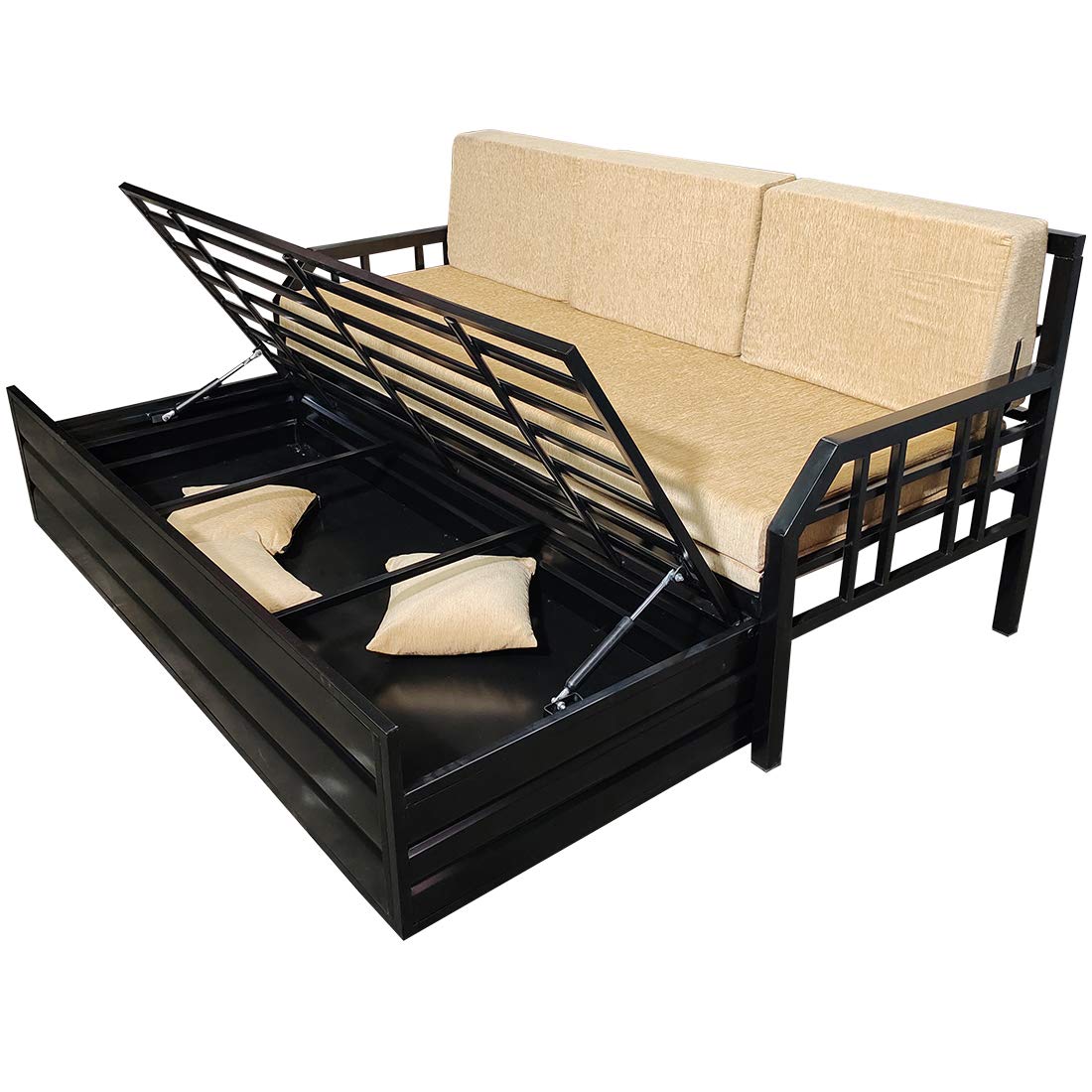 Elegant King Size Matte Black Metal Sofa Cum Bed with Hydraulic Storage - 3 Seater, Cream Finish (6X6) - Image 2