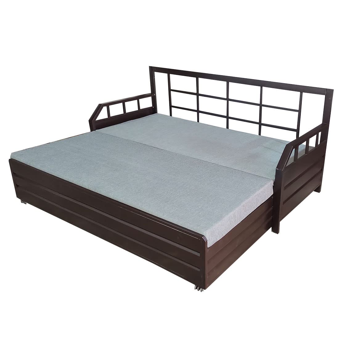 Elegant Queen Size 6X5 Metal Sofa Bed with Hydraulic Storage - 3 Seater, Grey Fabric Brown Matte Finish - Image 2