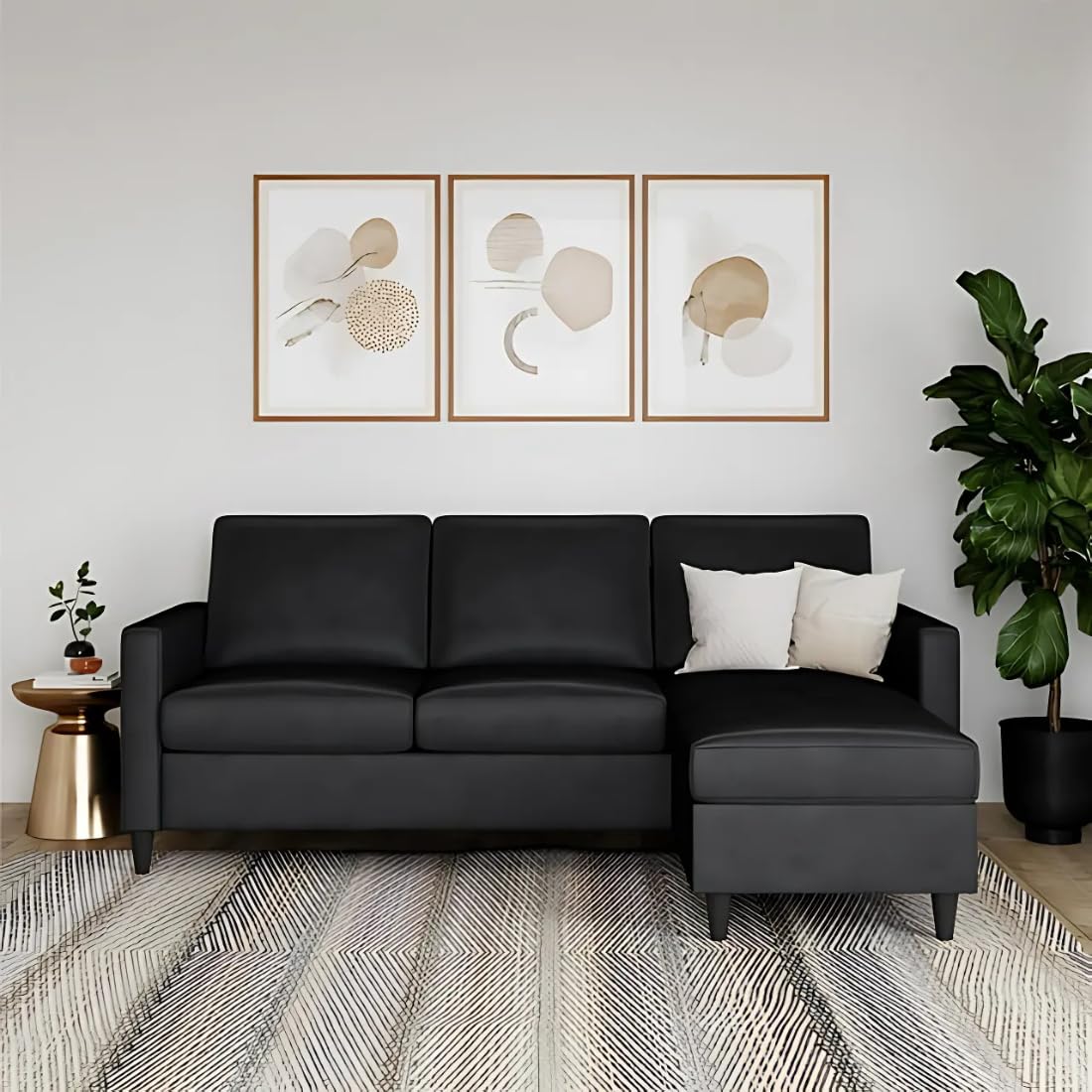 Etleva 3 Seater Fabric L Shaped Sectional Couch Sofa Set for Living Room (Black) - Image 2