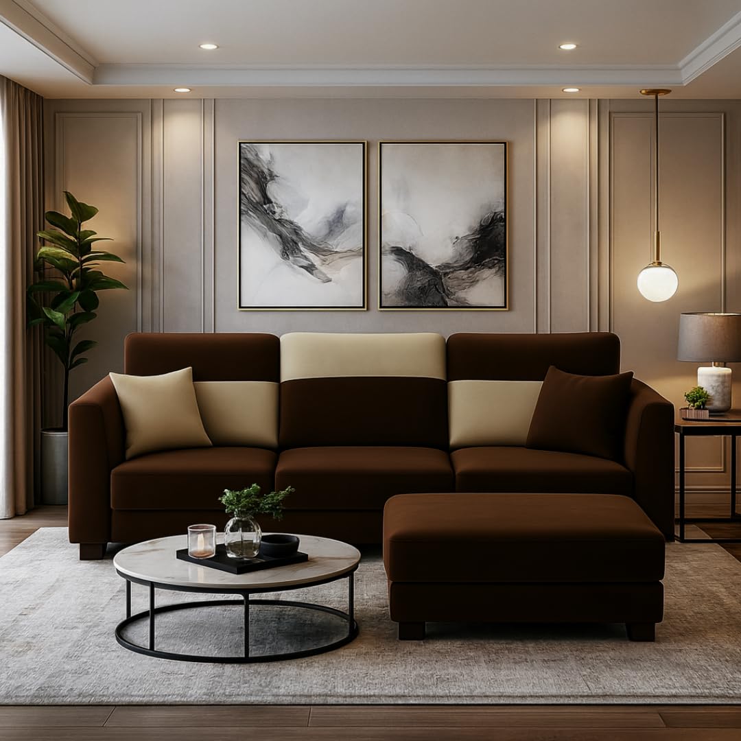 Evanto 3 Seater Modular L Shape Sofa Set with Ottoman | Soft Velvet Suede Fabric | Modern Design | Plush Comfort Cushions for Living Room (Dark Brown-Cream) - Image 2