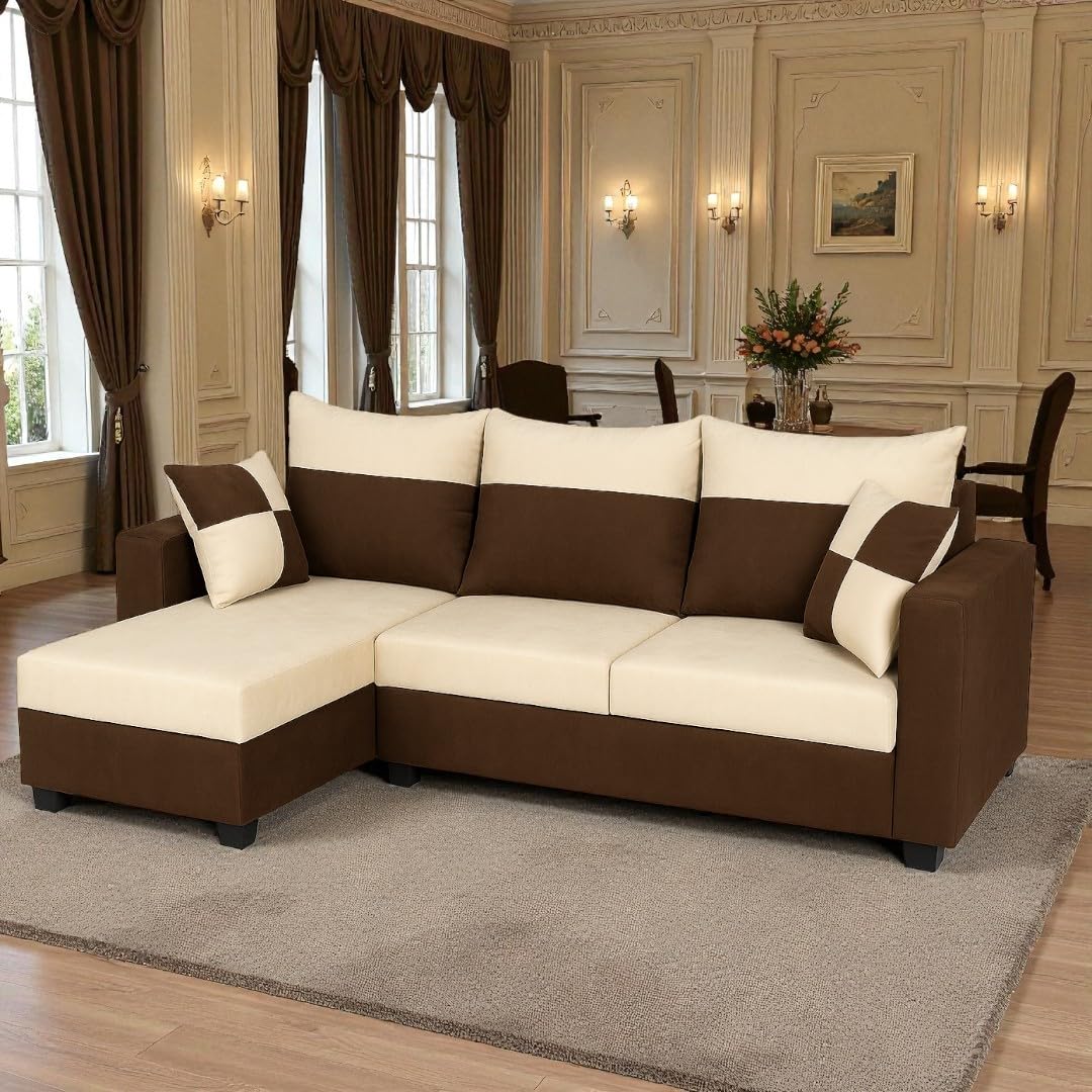 FURNY Arissa 4 Seater Fabric LHS L Shape Sofa Set with Exta Cushions (Cream-Dark Brown) | Premium Velvet Finish | Ideal of Living Room - Image 2