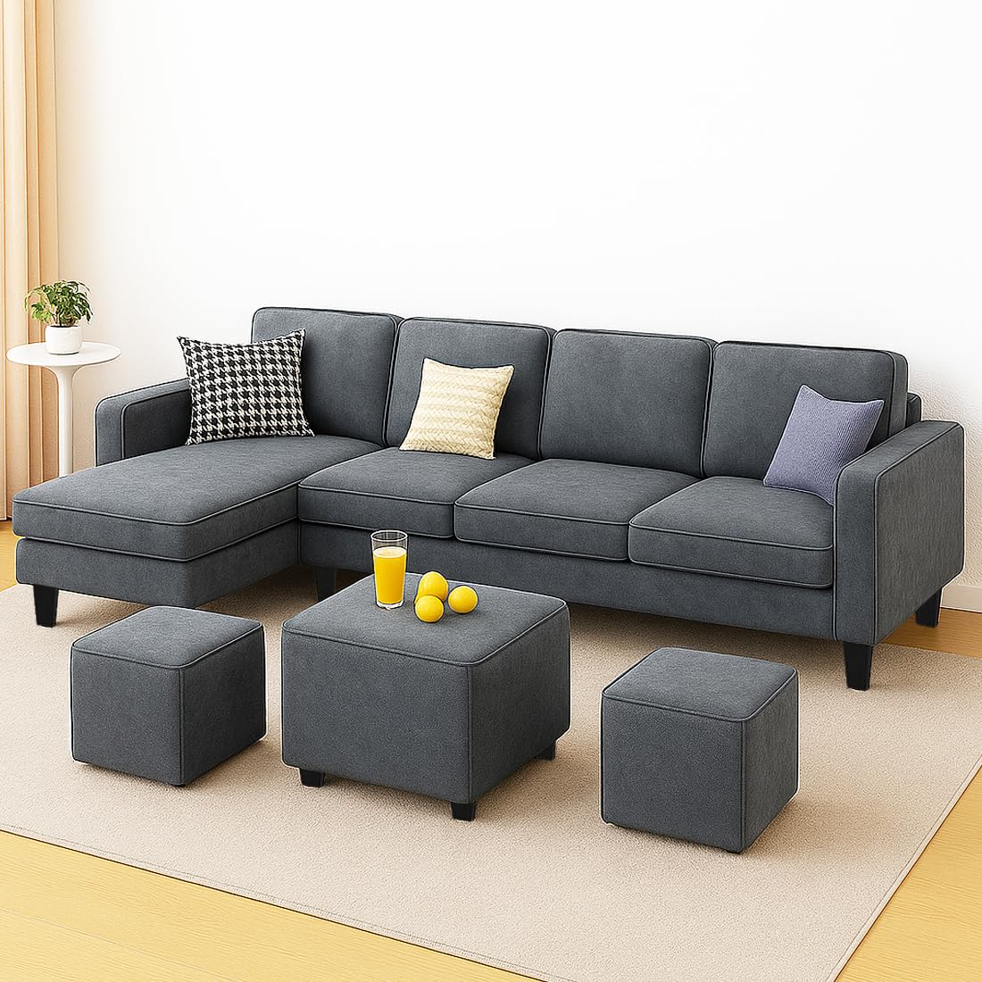 FURNY Arlo 8 Seater Fabric LHS L Shape Sofa Set with 1 Centre Table & 2 Puffy (Dark Grey) | Premium Velvet Finish | Durable Comfort | Ideal for Living Room - Image 2