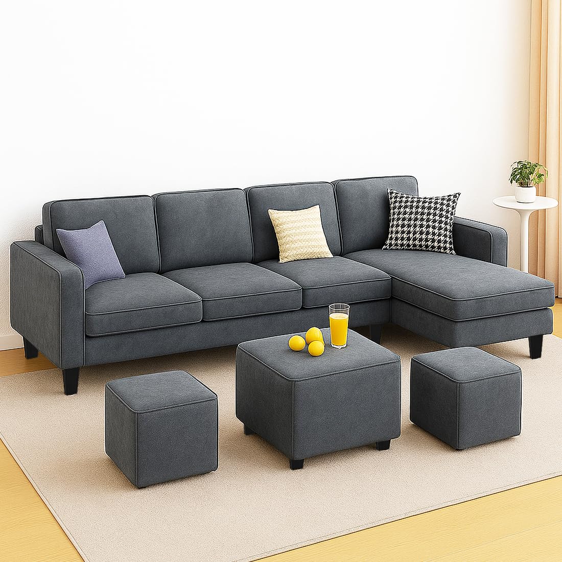 FURNY Arlo 8 Seater Fabric RHS L Shape Sofa Set with 1 Centre Table & 2 Puffy (Dark Grey) with Velvet Finish | Durable & Comfortable | Ideal for Living Room - Image 2