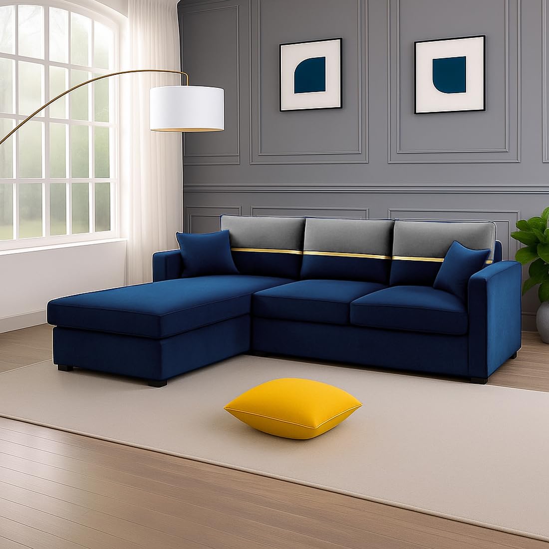 FURNY Arnoy 4 Seater Fabric LHS L Shape Sofa Set (Blue) | Premium Velvet Finish | Ideal of Living Room - Image 2