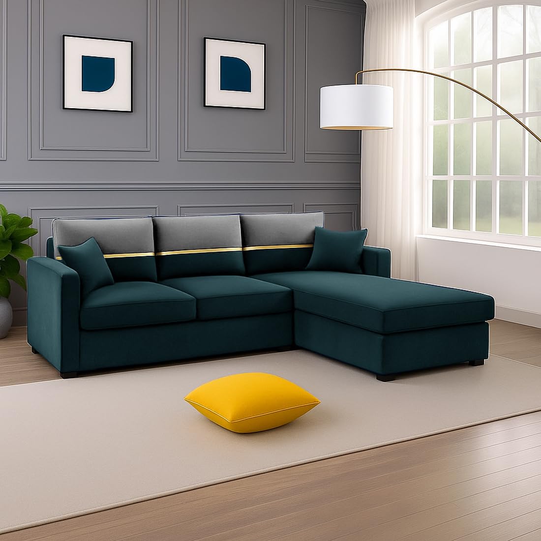 FURNY Arnoy 4 Seater Fabric RHS L Shape Sofa Set with Extra Cushions (Greenish Teal) | Premium Velvet Finish | Ideal of Living Room - Image 2