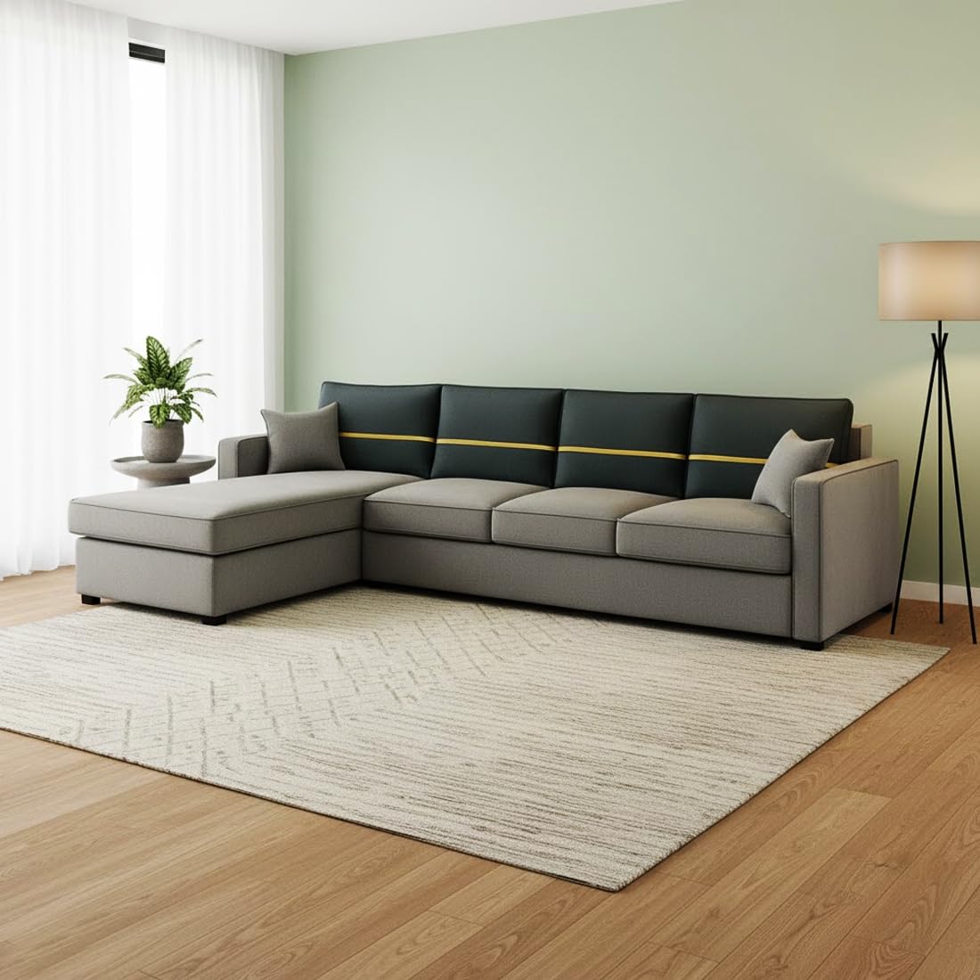 FURNY Arnoy 5 Seater Fabric LHS L Shape Sofa Set (Light Grey-Dark Grey) with Velvet Finish | Durable & Comfortable | Ideal for Living Room - Image 2