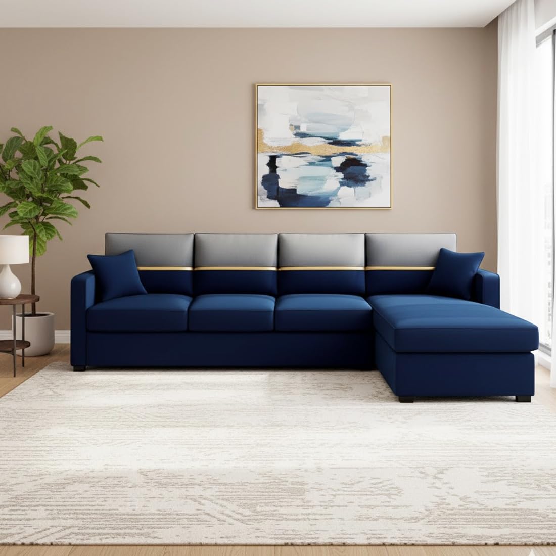 FURNY Arnoy 5 Seater Fabric RHS L Shape Sofa Set (Blue) | Premium Velvet Finish | Durable & Comfortable | Ideal for Living Room - Image 2