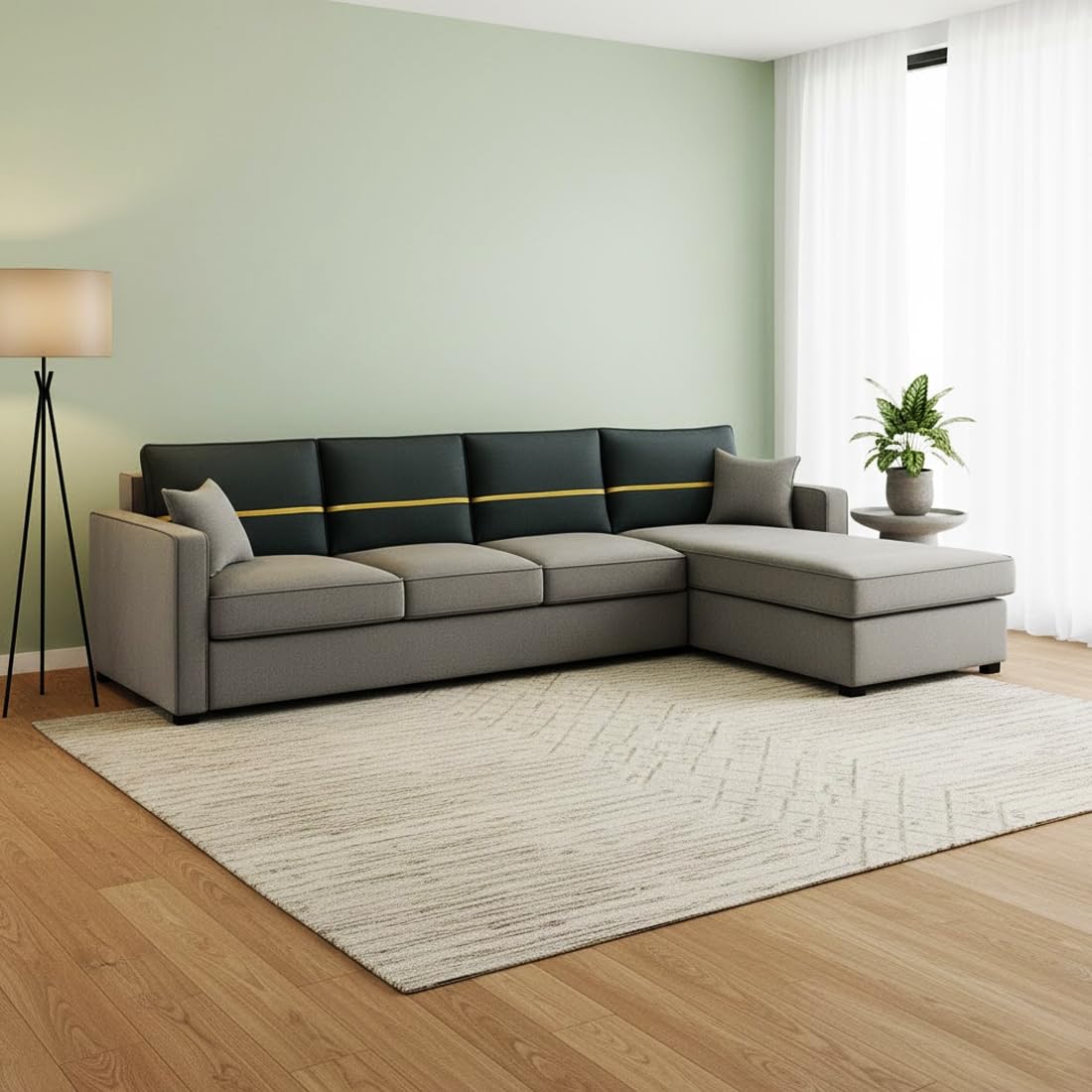 FURNY Arnoy 5 Seater Fabric RHS L Shape Sofa Set (Light Grey-Dark Grey) with Velvet Finish | Durable & Comfortable | Ideal for Living Room - Image 2