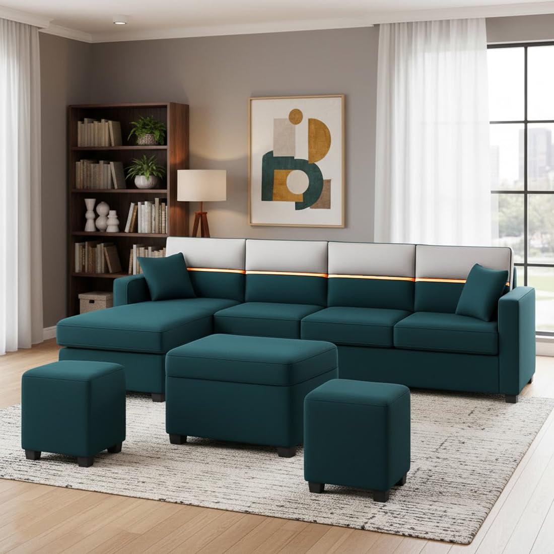 FURNY Arnoy 8 Seater Fabric LHS L Shape Sofa Set with 1 Centre Table & 2 Puffy (Greenish Teal) Premium Velvet Finish | Durable & Comfortable | Ideal for Living Room - Image 2