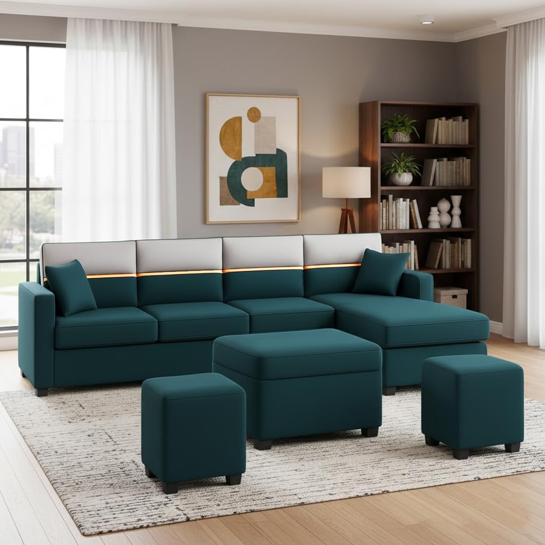 FURNY Arnoy 8 Seater Fabric RHS L Shape Sofa Set with 1 Centre Table & 2 Puffy (Greenish Teal) Premium Velvet Finish | Durable & Comfortable | Ideal for Living Room - Image 2