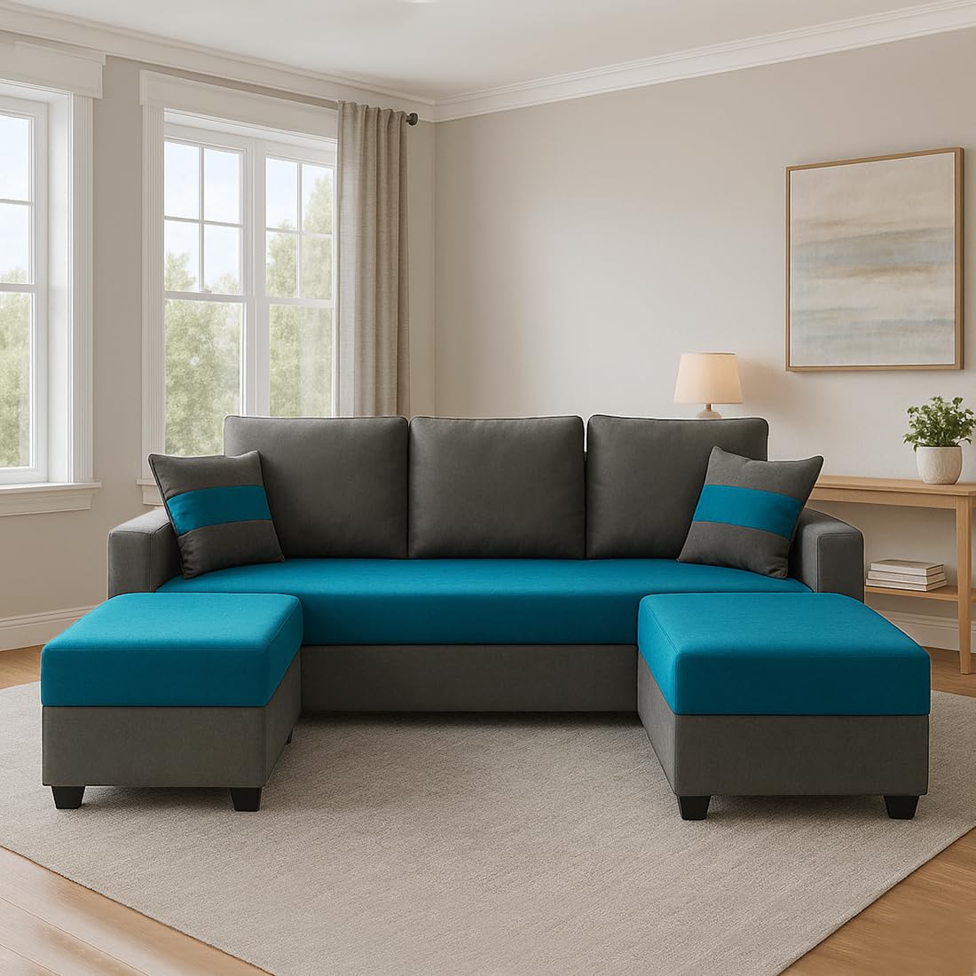 FURNY Aura 3 Seater Modular Fabric Sofa Set with 2 Ottomans (Aqua Blue-Dark Grey) | 5-Person Seating with Premium Velvet Finish | | Ideal for Living Room - Image 2