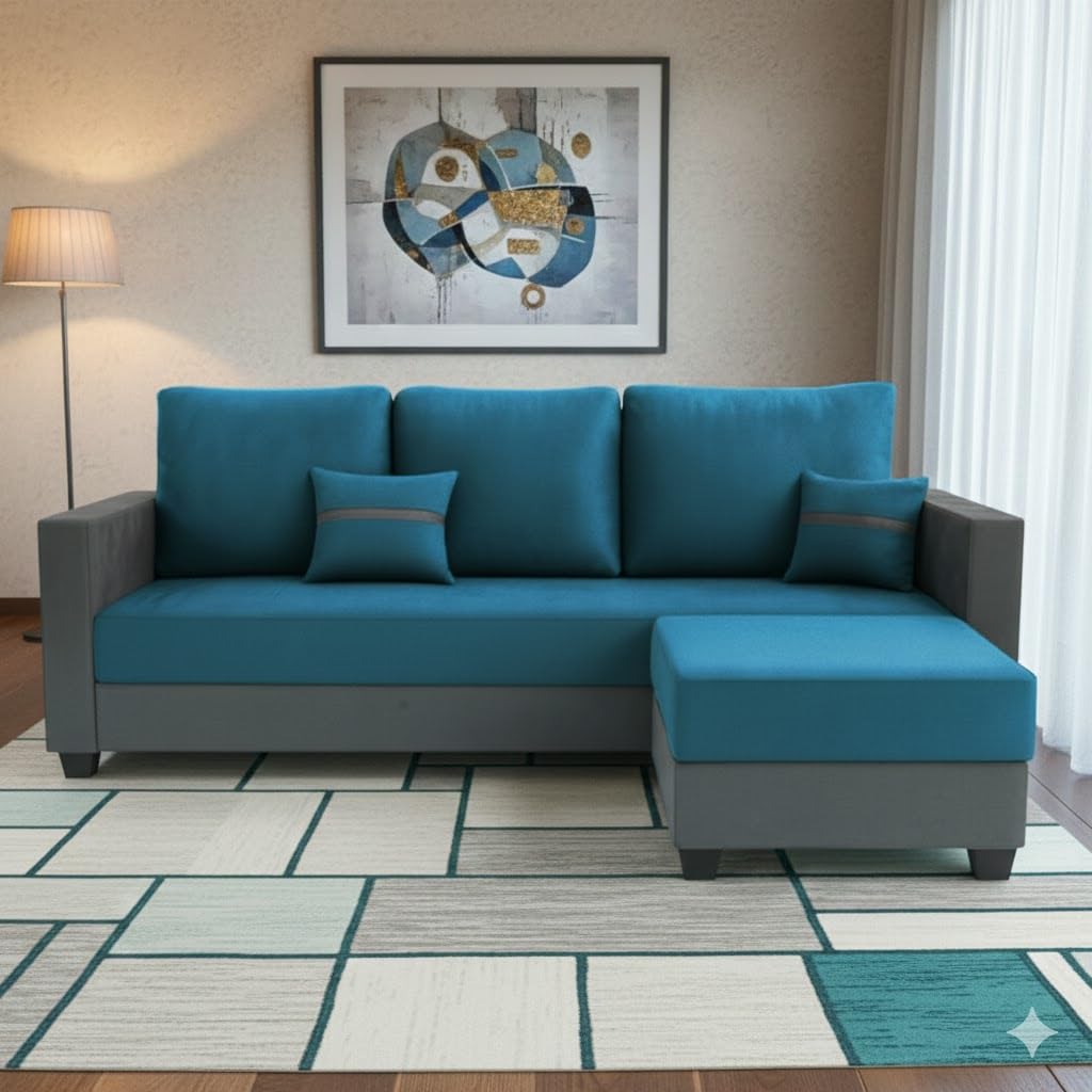 FURNY Aura 3 Seater Modular Fabric Sofa Set with Ottoman (Aqua Blue-Dark Grey) | 4-Person Seating with Premium Velvet Finish | | Ideal for Living Room - Image 2