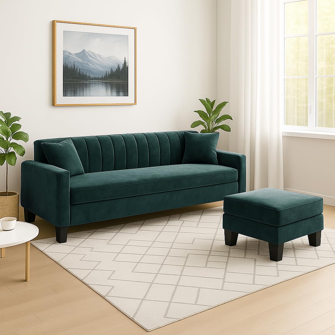 FURNY Avvono 3 Seater Fabric Modular Sofa Set with Ottoman (Greenish Teal) with Velvet Fabric | Durable Comfort | Ideal for Living Room - Image 2