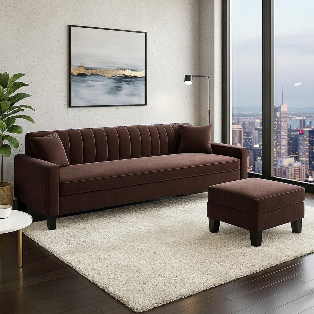 FURNY Avvono 4 Seater Fabric Modular Sofa Set with Ottoman (Brown) | Premium Velvet Finish | Durable Comfort | Ideal for Living Room - Image 2
