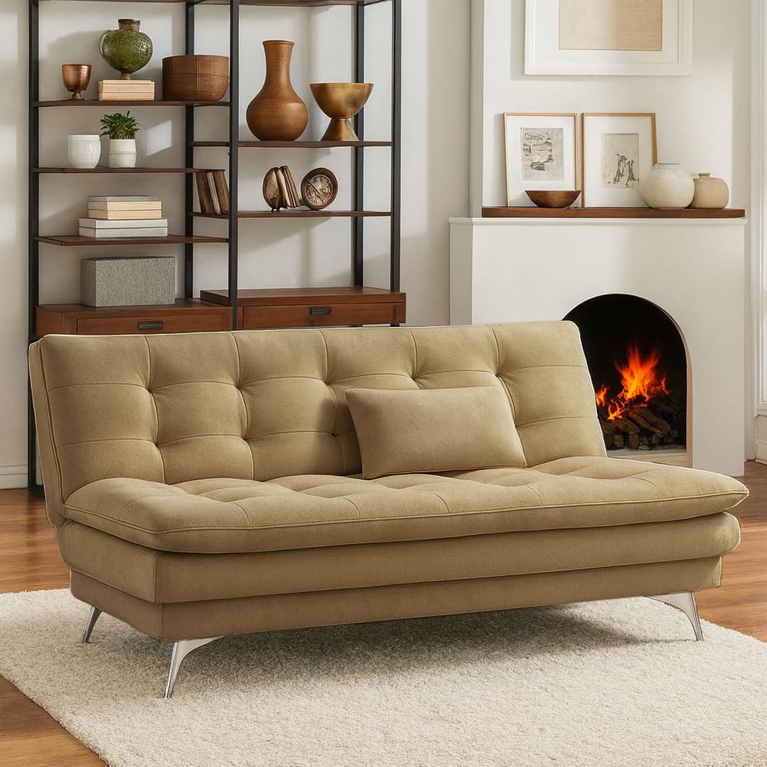 FURNY Eagel 3 Seater Fabric Sofa Cum Bed with 2 Cushions (Beige) with Velvet Fabric | Durable with Comfort | Perfect for Living Room, Bedrooms, Offices - Image 2