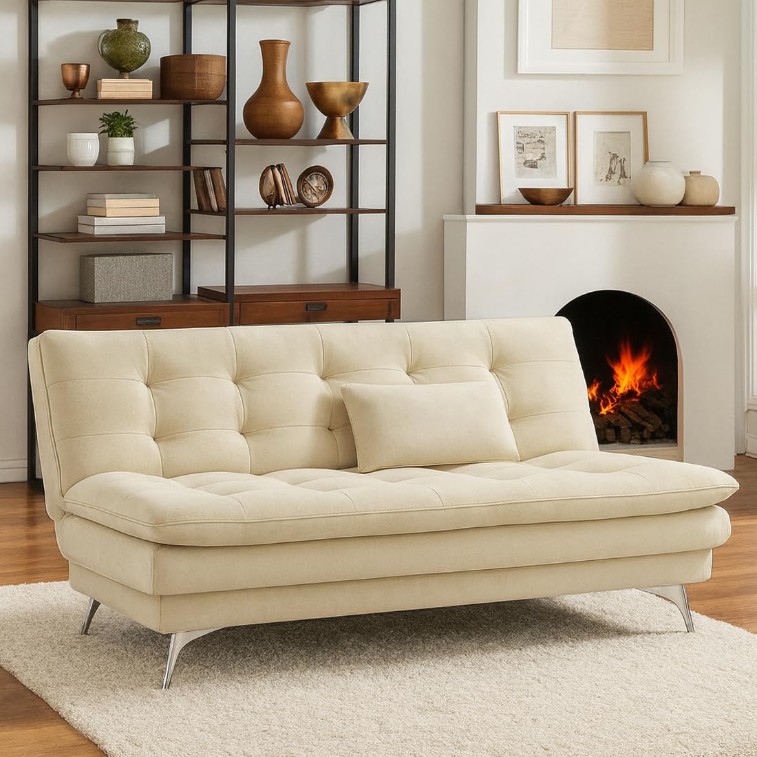 FURNY Eagel 3 Seater Fabric Sofa Cum Bed with 2 Cushions (Cream) with Velvet Fabric | Durable with Comfort | Perfect for Living Room, Bedrooms, Offices - Image 2