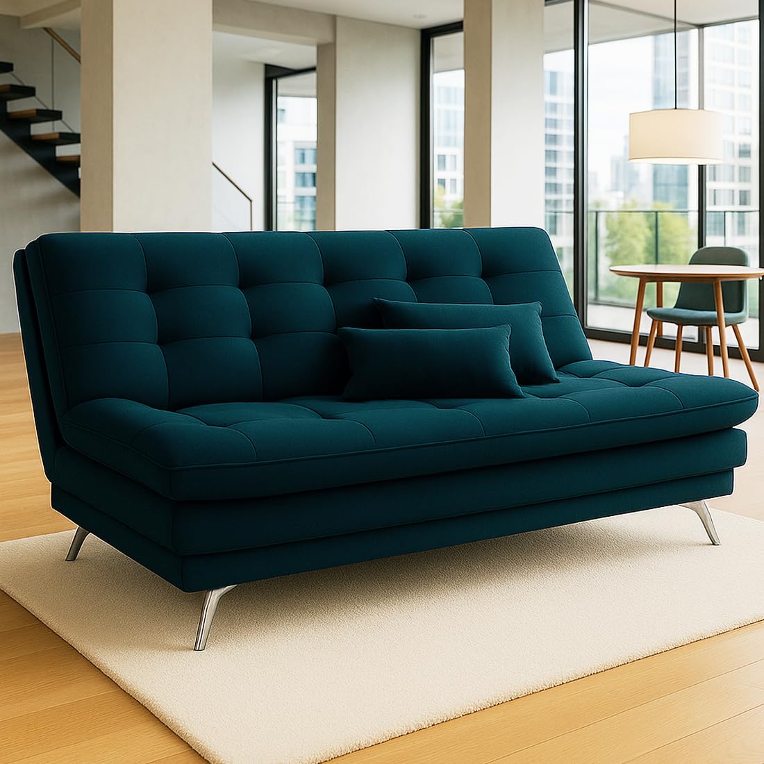 FURNY Eagel 3 Seater Fabric Sofa Cum Bed with 2 Cushions (Greenish Teal) with Velvet Fabric | Durable with Comfort | Perfect for Living Room, Bedrooms, Offices - Image 2