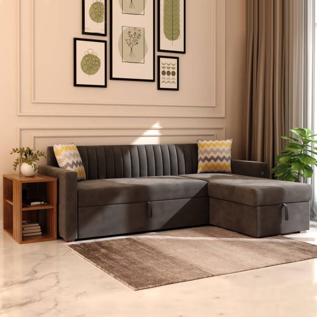 FURNY Ellan 4 Seater Fabric RHS L Shape Sofa Cum Bed Set with Storage (Grey) - Image 2