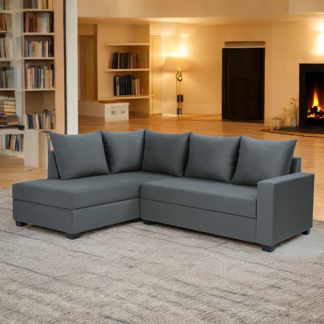 FURNY Gloria 4 Seater Fabric LHS L Shape Sofa Set (Dark Grey) | Premium Velvet Finish | Ideal of Living Room - Image 2