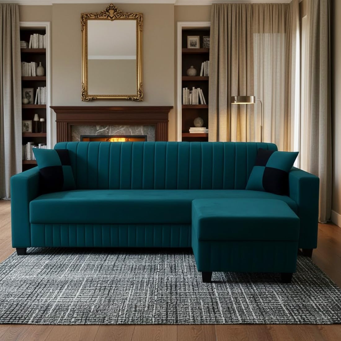 FURNY Gracina 3 Seater Modular Fabric Sofa Set with Ottoman (Greenish Teal) | Premium Velvet Finish | Comfortable & Ideal for Living Room - Image 2