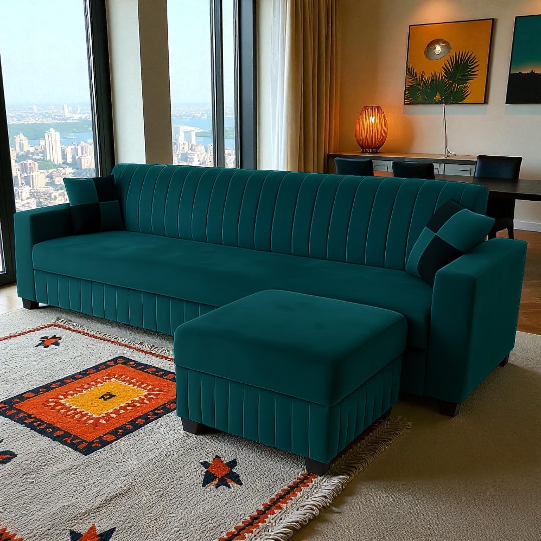 FURNY Gracina 4 Seater Modular Fabric Sofa Set with Ottoman (Greenish Teal) | Premium Velvet Finish | Comfortable & Ideal for Living Room - Image 2