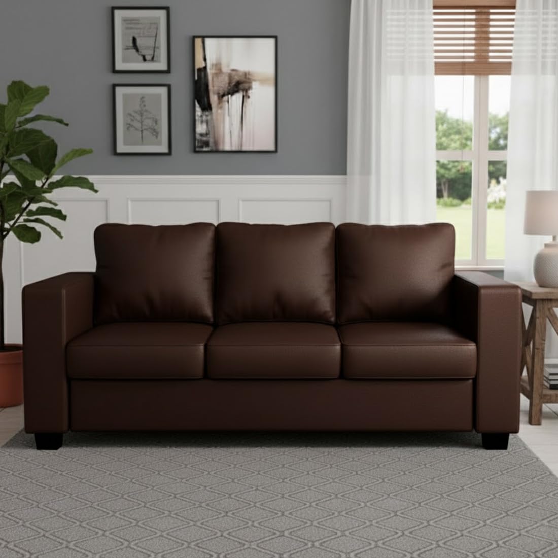 FURNY Harloy 3 Seater Leatherette Sofa Set (Brown) in Premium Leatherette | Durable Comfort | Ideal for Living Room - Image 2